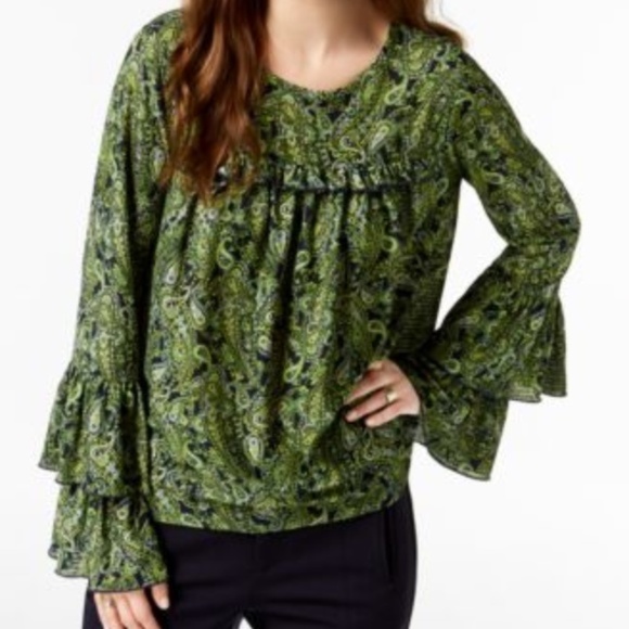 NEW Michael Kors Blouse Green  Paisley Boho Bell  Tiered Top Ruffle Sleeve S - Picture 4 of 16